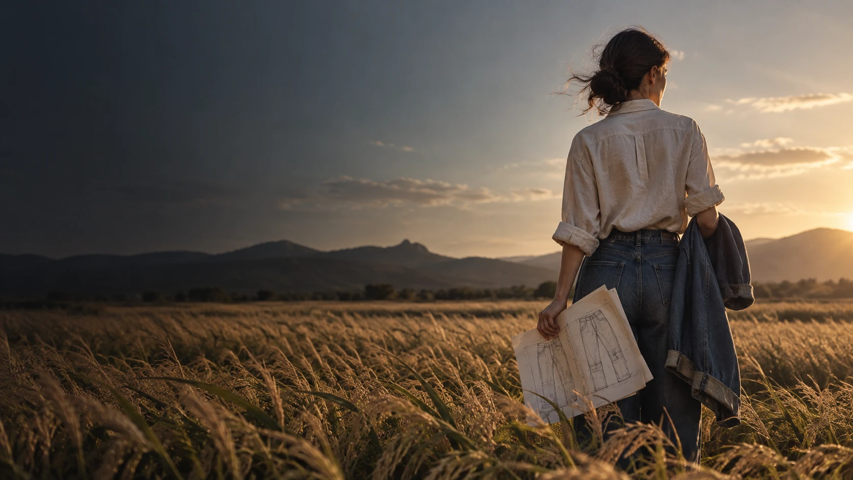 Helian designer in a Provence field holding denim development sketches