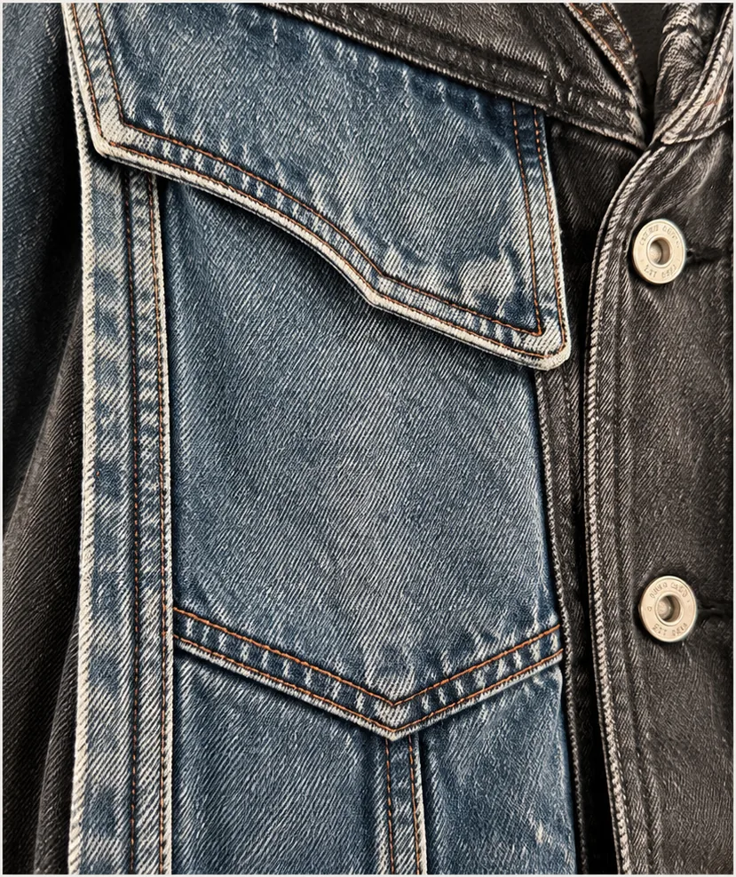 Detail study of reconstructed denim panels with visible seams and raw edges.